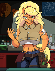 Size: 1326x1700 | Tagged: safe, alternate version, artist:droll3, applejack, earth pony, anthro, g4, abs, applejacked, bedroom eyes, big breasts, breasts, busty applejack, clothes, crossover, devil may cry, devil may cry 5, digital art, female, freckles, glasses, huge breasts, midriff, muscles, nicoletta goldstein, pants, tattoo, video game crossover, workbench