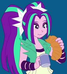 Size: 3166x3500 | Tagged: safe, artist:zefrenchm, aria blaze, equestria girls, g4, blue background, bracelet, bread, coffee, coffee mug, croissant, eating, female, food, high res, jewelry, mug, pigtails, simple background, solo, twintails