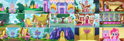 Size: 3948x1333 | Tagged: safe, artist:spookitty, pinkie pie, g4, background, building, carousel boutique, collage, cupcake, door, food, pony tale adventures, pta, sucker, suckers, sugarcube corner, sweet apple acres, twilight's castle