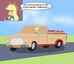 Size: 2957x2550 | Tagged: safe, artist:zefrenchm, applejack, equestria girls, g4, apple, applejack's hat, car, cowboy hat, driving, female, food, hat, high res, pickup truck, road, sky, solo, speech bubble