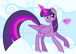 Size: 1192x849 | Tagged: safe, artist:foxpocx, twilight sparkle, alicorn, pony, g4, big tail, cloud, cup, female, glowing horn, horn, magic, mare, obtrusive watermark, solo, teacup, telekinesis, twilight sparkle (alicorn), watermark