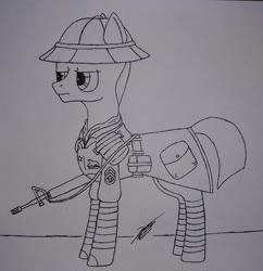 Size: 2862x2951 | Tagged: safe, artist:darthalex70, oc, oc only, oc:sergeantstone, earth pony, pony, fallout equestria, clothes, gun, high res, ink drawing, ncr, solo, traditional art, uniform, weapon