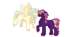 Size: 1280x640 | Tagged: safe, artist:itstechtock, oc, oc only, oc:indigo, oc:oasis (azure art wave), earth pony, pegasus, pony, braided tail, female, mare, nuzzling, simple background, transparent background, two toned wings, wings
