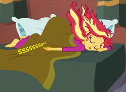 Size: 574x419 | Tagged: safe, artist:thedarkpony, edit, edited screencap, screencap, sunset shimmer, equestria girls, g4, monday blues, my little pony equestria girls: summertime shorts, clothes, feet, female, fetish, implied bedwetting, implied pissing, implied urine, implied wetting, onomatopoeia, pajamas, pee edit, sleeping, solo, urine, watersports
