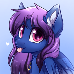 Size: 1000x1000 | Tagged: safe, artist:sonigiraldo, oc, oc only, oc:aurora (zenzii), pegasus, pony, blue background, brooch, bust, cute, ear fluff, ethereal mane, female, floating heart, heart, mare, portrait, purple mane, red eyes, simple background, smiling at you, solo, starry mane, tongue out