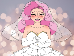 Size: 1415x1080 | Tagged: safe, artist:dalunadeer, pinkie pie, human, g4, blushing, bride, clothes, crying, dress, female, humanized, solo, wedding dress