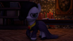 Size: 1280x720 | Tagged: safe, artist:tenebris, part of a set, oc, oc only, oc:emerald jewel, earth pony, pony, colt quest, 3d, book, bookshelf, candle, clothes, colt, diary, dress, emorald, eyeshadow, hair over one eye, jewelry, makeup, male, necklace, shoes, solo, source filmmaker, trap