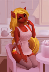 Size: 1654x2423 | Tagged: safe, oc, oc only, anthro, anthro oc, apron, breasts, cake, chair, clothes, female, food, housewife, kitchen, kneeling, looking at you, mare, naked apron, sitting, solo, stockings, thigh highs, ych result