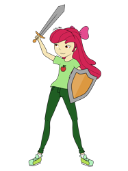 Size: 2000x2667 | Tagged: safe, artist:onlymeequestrian, apple bloom, human, equestria girls, g4, female, high res, humanized, shield, simple background, solo, sword, transparent background, weapon