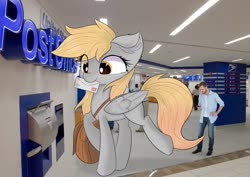 Size: 1446x1023 | Tagged: safe, artist:janelearts, derpy hooves, human, pegasus, pony, g4, giant pony, irl, irl human, letter, macro, mailmare, mouth hold, photo, ponies in real life, post office