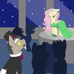 Size: 1280x1280 | Tagged: safe, artist:cococandy2007, discord, fluttershy, pony, fanfic:bride of discord, g4, clothes, dress, gala dress, hat, pony discord, spotlight, suit, top hat