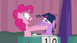 Size: 1920x1080 | Tagged: safe, screencap, pinkie pie, twilight sparkle, alicorn, pony, a trivial pursuit, g4, bell, floppy ears, great moments in animation, messy mane, shaking, twilight sparkle (alicorn)