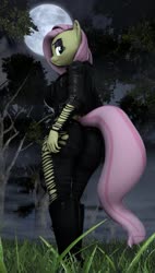 Size: 1404x2464 | Tagged: safe, artist:gildedbonexfm, fluttershy, anthro, g4, 3d, breasts, busty fluttershy, female, fluttergoth, forest, moon, solo, source filmmaker, tree