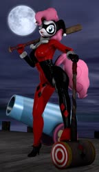 Size: 691x1200 | Tagged: safe, artist:gildedbonexfm, pinkie pie, anthro, g4, 3d, baseball bat, cannon, clothes, cosplay, costume, dc comics, female, hammer, harley quinn, moon, party cannon, pinkie quinn, solo, source filmmaker