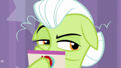 Size: 1920x1080 | Tagged: safe, screencap, granny smith, earth pony, pony, a trivial pursuit, g4, asking, card, elderly, female, hair bun, hoof hold, host, mare, narrowed eyes, obscured face, question, raised eyebrow, reading, solo, squint, wrinkles