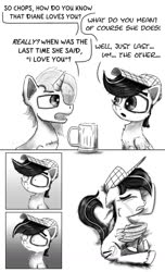 Size: 1024x1684 | Tagged: safe, artist:chopsticks, oc, oc only, oc:chopsticks, oc:sketchy mcpad, pegasus, pony, unicorn, comic:wtb is this?, butt fluff, canon x oc, cheek fluff, chest fluff, comic, crying, dialogue, drink, hat, heart, hoof fluff, hug, lying down, male, monochrome, mug, pillow, realization, sad, sketch, stallion, stuttering, text, this ended in tears, wing hands, winghug, wings