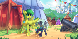 Size: 2131x1080 | Tagged: safe, artist:redchetgreen, oc, oc only, oc:evergreen feathersong, oc:jasmine skye, pegasus, pony, armor, cannon, cannonball, canterlot castle, crate, pegasus oc, royal guard, royal guard armor, tent