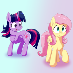Size: 3300x3300 | Tagged: safe, artist:yinglung, fluttershy, twilight sparkle, alicorn, pegasus, pony, g4, blushing, chest fluff, duo, eyes on the prize, female, high res, looking at butt, mare, twilight sparkle (alicorn)