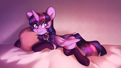 Size: 2846x1606 | Tagged: safe, artist:sugarstar, twilight sparkle, alicorn, pony, descended twilight, rcf community, adorasexy, bed, blushing, cheek fluff, chest fluff, clothes, collar, cute, female, folded wings, horn, hug, looking at you, lying down, mare, panties, pillow, pillow hug, sexy, shirt, smiling, socks, solo, twiabetes, twilight sparkle (alicorn), underwear, wings