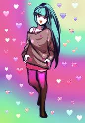 Size: 2000x2900 | Tagged: safe, artist:rileyav, sonata dusk, human, equestria girls, g4, clothes, cute, female, happy, heart, high res, humanized, long hair, off shoulder, open mouth, solo, sonatabetes, stockings, sweater, thigh highs