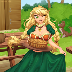 Size: 1197x1200 | Tagged: safe, artist:margony, edit, applejack, winona, dog, human, g4, alternate hairstyle, blurry background, braid, braided pigtails, breasts, busty applejack, cleavage, clothes, colored pupils, cute, dress, female, food, humanized, jackabetes, jewelry, mare, necklace, one eye closed, open mouth, pie, twin braids, wink