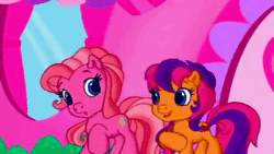 Size: 1280x720 | Tagged: safe, screencap, pinkie pie (g3), scootaloo (g3), g3, g3.5, sweetie belle's gumball house surprise, animated, female, sound, webm