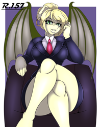 Size: 2000x2500 | Tagged: safe, artist:renegade-157, oc, oc only, oc:sassy gale, bat pony, anthro, unguligrade anthro, bat pony oc, big breasts, breasts, clothes, crossed legs, digital art, female, high res, mare, milf, solo