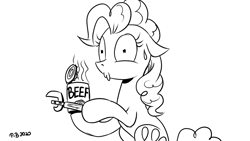 Size: 1200x675 | Tagged: safe, artist:pony-berserker, pinkie pie, earth pony, pony, pony-berserker's twitter sketches, g4, beef, black and white, can, can opener, female, food, grayscale, implied ponies eating meat, lineart, mare, meat, monochrome, rick and morty, signature, simple background, sitting, solo, style emulation, sweat, sweatdrop, white background