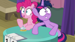 Size: 1920x1080 | Tagged: safe, screencap, pinkie pie, twilight sparkle, alicorn, earth pony, pony, a trivial pursuit, g4, bags under eyes, bell, crazy face, duo, faic, female, hooves on the table, idea, lip bite, mare, messy mane, paranoid, paranoid twilight, puckered lips, raised hoof, shrunken pupils, team twipie, trivia trot, twilight snapple, twilight sparkle (alicorn), twilighting