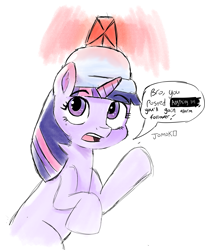 Size: 2117x2576 | Tagged: safe, artist:jomok0, twilight sparkle, pony, unicorn, g4, alarm, bro you just posted cringe you're going to lose subscriber, dialogue, helmet, high res, simple background, sketch, solo, speech bubble, unicorn twilight, white background