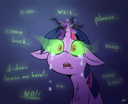 Size: 1280x1045 | Tagged: safe, artist:fakskis, twilight sparkle, pony, unicorn, g4, chest fluff, corrupted, corrupted twilight sparkle, crying, dark magic, eye clipping through hair, eyebrows, eyebrows visible through hair, female, floppy ears, frown, greatest fear, green eyes, horn, magic, mare, open mouth, red pupils, remake, sad, solo, sombra eyes, text, unicorn twilight