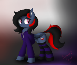 Size: 3500x3000 | Tagged: safe, artist:sealedseal, oc, oc only, oc:bloody moonrise, bat pony, pony, clothes, female, high res, hoodie, mare, socks, solo, striped socks