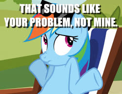 Size: 1181x910 | Tagged: safe, edit, edited screencap, screencap, rainbow dash, pony, g4, too many pinkie pies, caption, cropped, female, image macro, meme, scrunchy face, shrug, solo, sunglasses, text