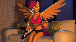 Size: 1920x1080 | Tagged: safe, artist:skylairo, scootaloo, pegasus, anthro, g4, 3d, armpits, female, flying v, glowing eyes, guitar, light, musical instrument, night, pillow, sad face, scootabass, shadow, sofa bed, solo, source filmmaker, wings