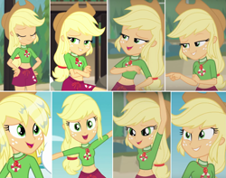 Size: 1519x1195 | Tagged: safe, screencap, applejack, equestria girls, equestria girls series, g4, turf war, applejack's hat, beautiful, belly button, clothes, collage, cowboy hat, female, geode of super strength, hat, lifeguard, lifeguard applejack, magical geodes, pose, short shirt, shorts
