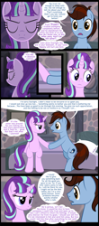 Size: 1122x2544 | Tagged: safe, artist:culu-bluebeaver, starlight glimmer, oc, oc:bluehooves, earth pony, pony, unicorn, comic:the newcomer, g4, the cutie map, bed, bedroom, canon x oc, comic, conflicted, dialogue, eyes closed, female, glimmooves, holding hooves, looking at each other, male, mare, messy mane, s5 starlight, speech bubble, stallion, thought bubble, upset