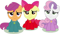Size: 1140x642 | Tagged: safe, artist:stephen-fisher, apple bloom, scootaloo, sweetie belle, earth pony, pony, g4, bodysuit, calm, cutie mark crusaders, floppy ears, hippie, jewelry, latex, latex suit, necklace, peace suit, peace symbol, peaceful, sad smile, simple background, smiling, transparent background, trio