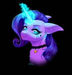 Size: 1188x1236 | Tagged: safe, artist:ohhoneybee, rarity, pony, unicorn, g4, :p, black background, bust, chest fluff, choker, female, magic, mare, portrait, simple background, smiling, solo, tongue out