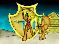 Size: 1400x1050 | Tagged: safe, artist:maxhe, oc, oc:maxh vezpyre, horse, arabian, golden armor, pyramid, scar, shield