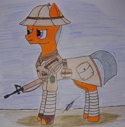 Size: 2978x3024 | Tagged: safe, artist:darthalex70, oc, oc only, oc:sergeantstone, earth pony, pony, fallout equestria, clothes, gun, high res, ncr, solo, traditional art, uniform, weapon