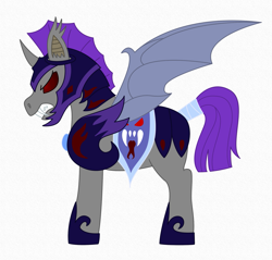 Size: 1967x1878 | Tagged: safe, artist:chili19, oc, oc only, alicorn, bat pony, bat pony alicorn, pony, armor, bat pony oc, fangs, glowing eyes, gritted teeth, helmet, horn, night guard, red eyes, saddle, sharp teeth, simple background, solo, tack, tail wrap, teeth, white background