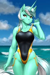 Size: 4000x6000 | Tagged: safe, artist:mykegreywolf, lyra heartstrings, unicorn, anthro, absurd resolution, beach, breasts, clothes, cloud, commissioner:citizenwolf, cutie mark, female, high-cut clothing, leotard, mare, ocean, one-piece swimsuit, sky, solo, swimsuit, thong swimsuit