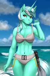 Size: 4000x6000 | Tagged: safe, alternate version, artist:mykegreywolf, lyra heartstrings, unicorn, anthro, g4, absurd resolution, belly button, bikini, bond girl, breasts, cleavage, clothes, cloud, commissioner:citizenwolf, cutie mark, dr. no, female, honey ryder, james bond, knife, legs together, mare, midriff, ocean, reasonably sized breasts, sky, solo, swimsuit, ursula andress
