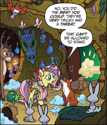 Size: 464x540 | Tagged: safe, idw, official comic, fluttershy, bird, butterfly, deer, fox, pegasus, pony, rabbit, tortoise, g4, ponies of dark water, spoiler:comic44, animal, comic, cropped, dust cloud, female, mare, poison ivyshy, speech bubble, stag, zecora's hut