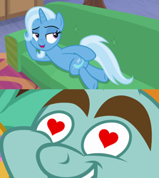 Size: 1280x1436 | Tagged: safe, edit, edited screencap, screencap, snips, trixie, common ground, g4, road to friendship, draw me like one of your french girls, female, heart eyes, male, ship:trips, shipping, shipping domino, straight, wingding eyes