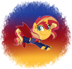Size: 1280x1229 | Tagged: safe, artist:missbramblemele, sunset shimmer, pony, g4, clothes, cosplay, costume, deviantart watermark, female, male, obtrusive watermark, solo, superman, watermark