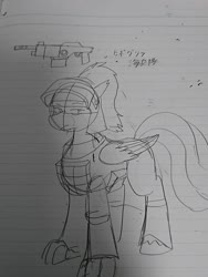 Size: 1080x1440 | Tagged: safe, artist:omegapony16, oc, oc only, hippogriff, armor, gun, helmet, hippogriff oc, japanese, lineart, lined paper, smiling, solo, text, traditional art, weapon