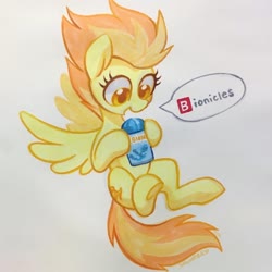 Size: 1440x1440 | Tagged: safe, artist:dawnfire, spitfire, pegasus, pony, g4, bionicle, cute, cutefire, female, flying, lego, mare, simple background, smiling, solo, spitfire's bionicles, traditional art, white background, 🅱