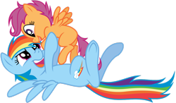 Size: 1169x684 | Tagged: safe, artist:kysss90, artist:mickeymonster, rainbow dash, scootaloo, pegasus, pony, g4, backwards cutie mark, blank flank, cute, cutealoo, dashabetes, duo, eye contact, female, filly, foal, holding a pony, hoof hold, lifting, looking at each other, lying down, mare, midair, on back, open mouth, open smile, scootalove, show accurate, simple background, smiling, spread wings, transparent background, underhoof, vector, wings