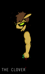 Size: 1504x2440 | Tagged: safe, artist:lucas_gaxiola, oc, oc only, oc:charmed clover, earth pony, anthro, black background, blood, clover, four leaf clover, glowing eyes, male, simple background, solo, text